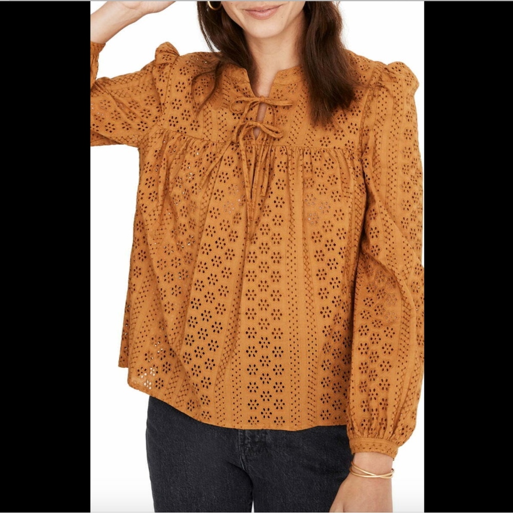 NEW $92 Madewell Eyelet Double Tie Peasant Top‎ in Gold [SZ XXS ] #2361